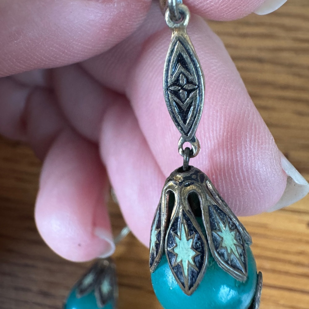 Vintage Turquoise Sterling Starburst Screw Back Earrings Art Deco Style - Picture 3 of 10